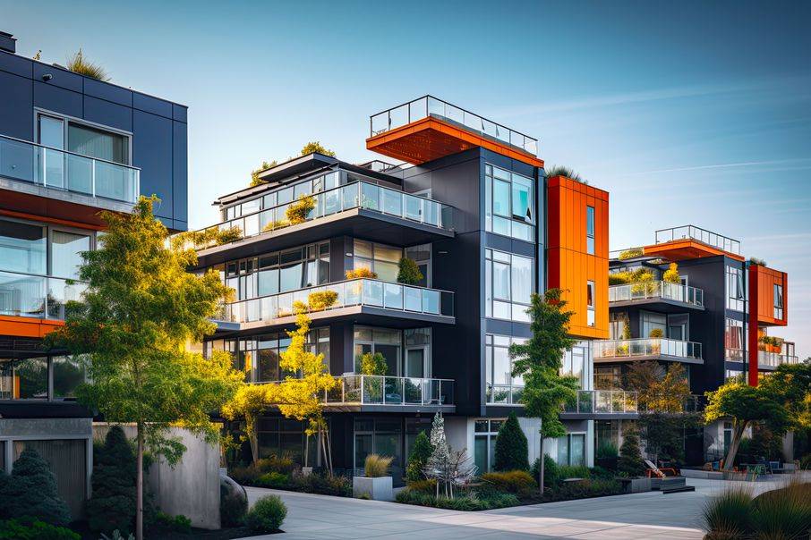 grayish blue apartment buildings with some orange